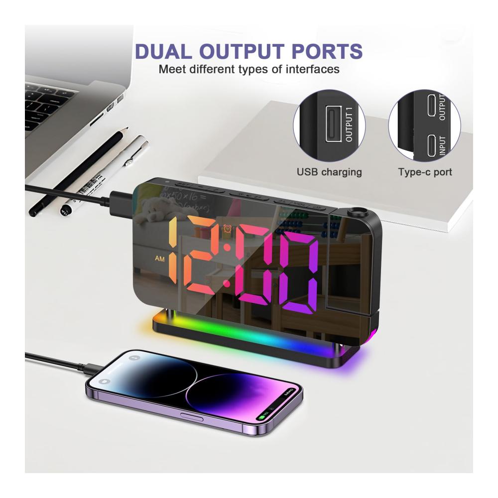 Hightech-Projektionswecker mit 180°-Projektion & 10-Farben-Nachtlicht | Digitale Uhr mit 7 RGB-LEDs | Snooze USB-Ladegerät |