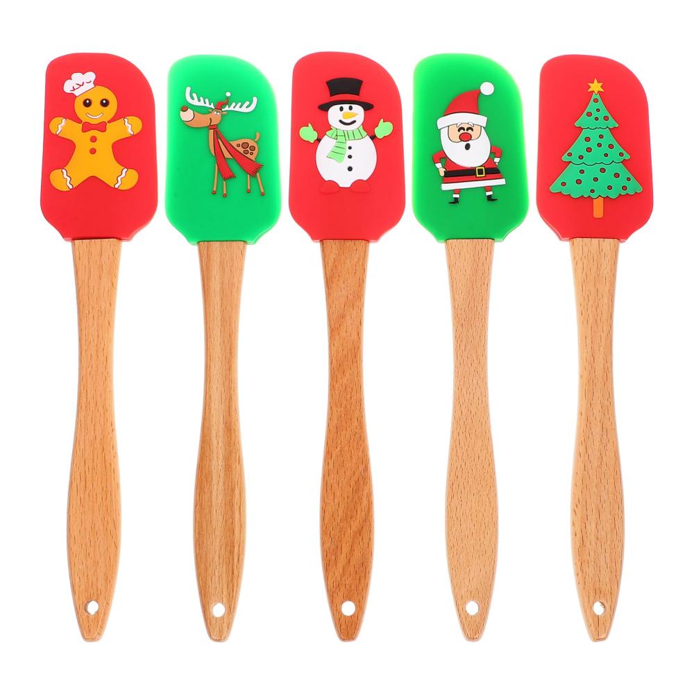 Genießen Sie das Weihnachtsbacken mit diesen 5 lustigen Spateln Weihnachtsmann-Muster und Holzgriff. Perfekt zum Rühren Kochen und Dekorieren