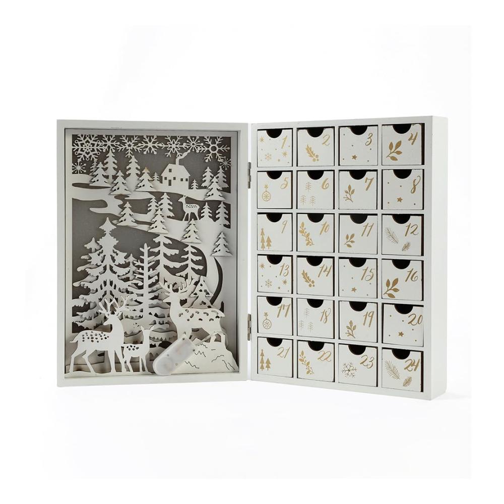 Erleuchten Sie die Weihnachtszeit Dekorativer Holz-Adventskalender 2024 mit LED-Lichtern und 24 Schubladen für Kinder. DIY-Weihnachtszauber