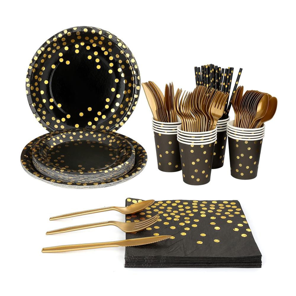 160-teiliges Elegantes Teller-Set in Schwarz & Gold für 20 Gäste - Perfekt für Geburtstage Hochzeiten & Jubiläen - Wiederverwendbare Pappteller Pappbecher Servietten & Strohhalme - Luxuriöses Partygeschirr