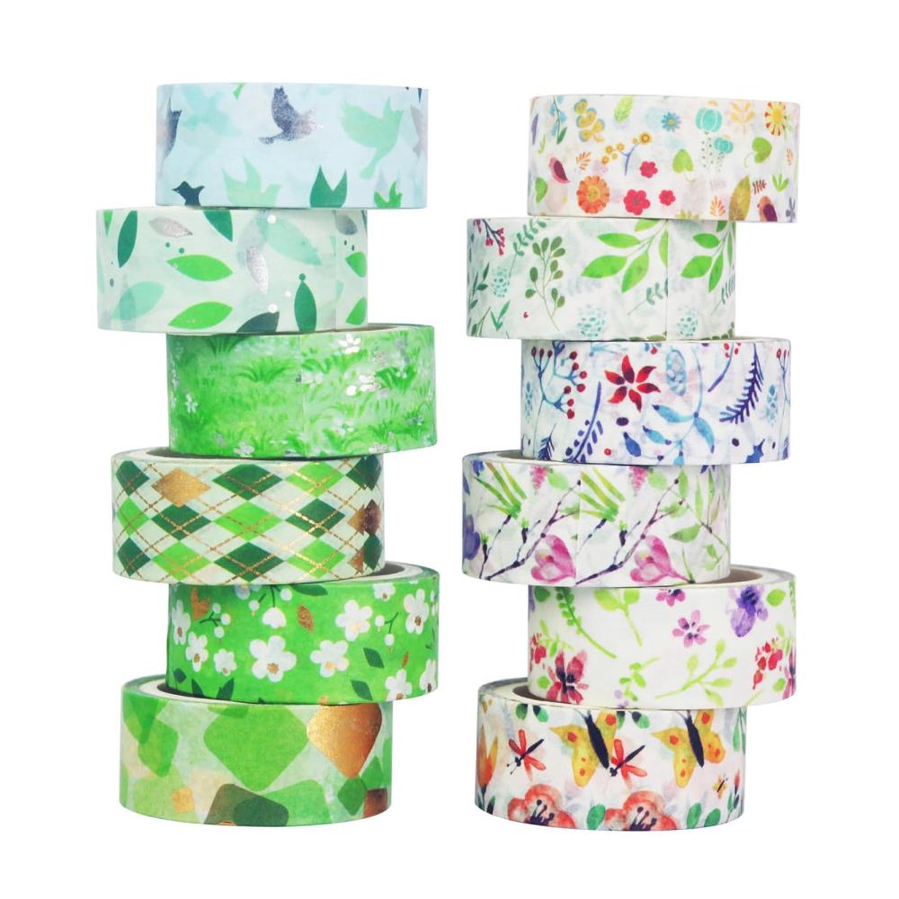 Entdecke den Frühling 12 Rollen Washi Tape Set - Bunte Klebebänder für Basteln Dekorieren und Scrapbooking - Blumenmotive - 15mm Breite - DIY Zubehör für Handwerk und Journal
