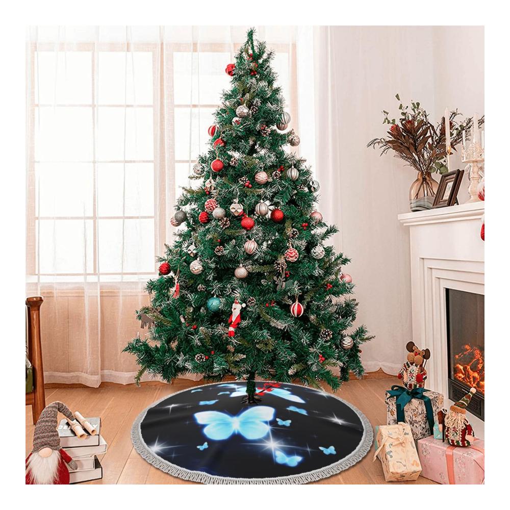 Personalisierte Weihnachtsbaumdecke für drinnen und draußen – Verdickte Weihnachtsbaummatte mit blauem Schmetterlingsmuster – Ideal für Zuhause Partys und Feiertagsdekorationen