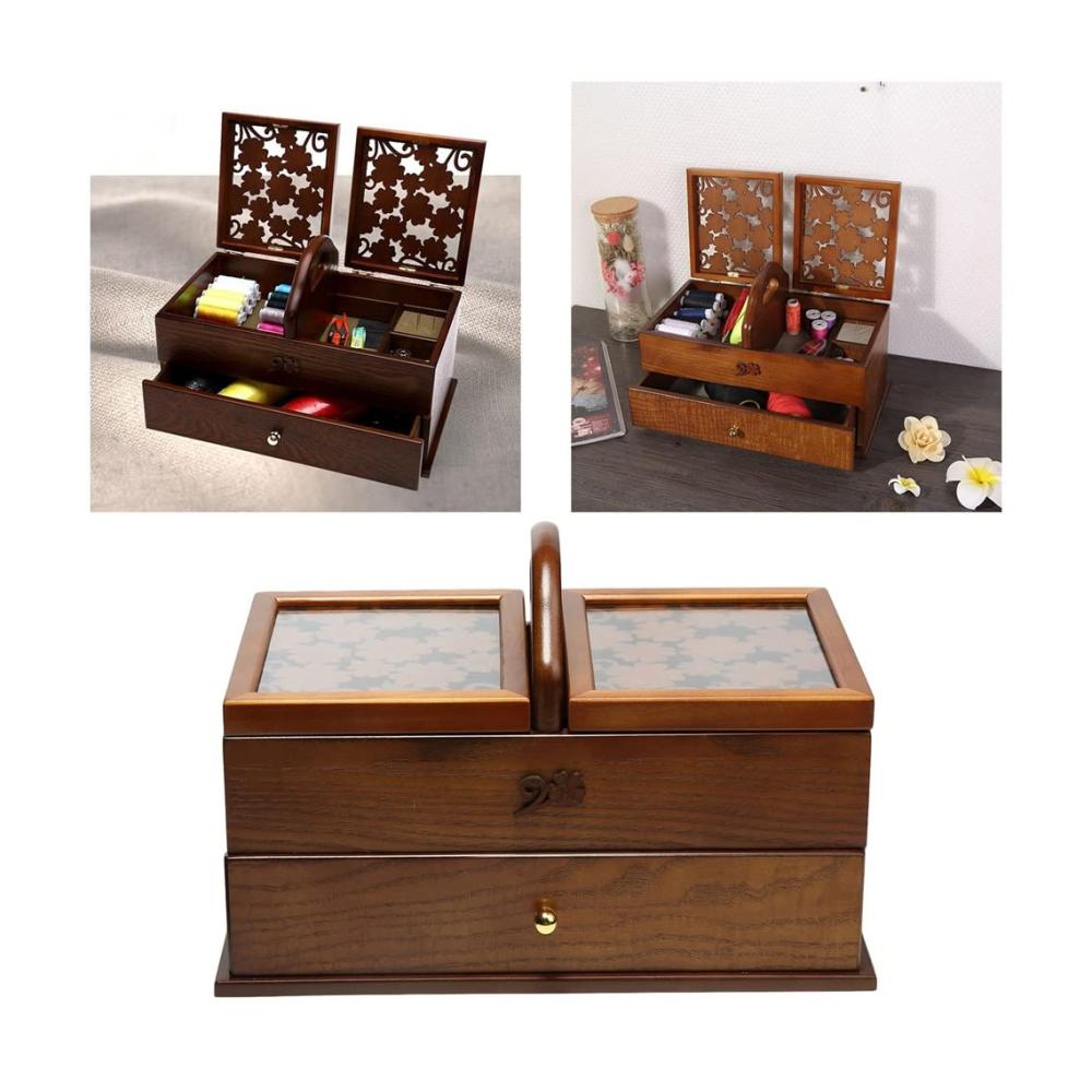 Vintage Nähkorb aus Holz | Aufbewahrungskoffer für Nähzubehör | Retro-Organizer mit Freischwinger-Design | Handgefertigter Nähkorb mit Charme der alten Welt | Stilvoller Holzkorb für Nä
