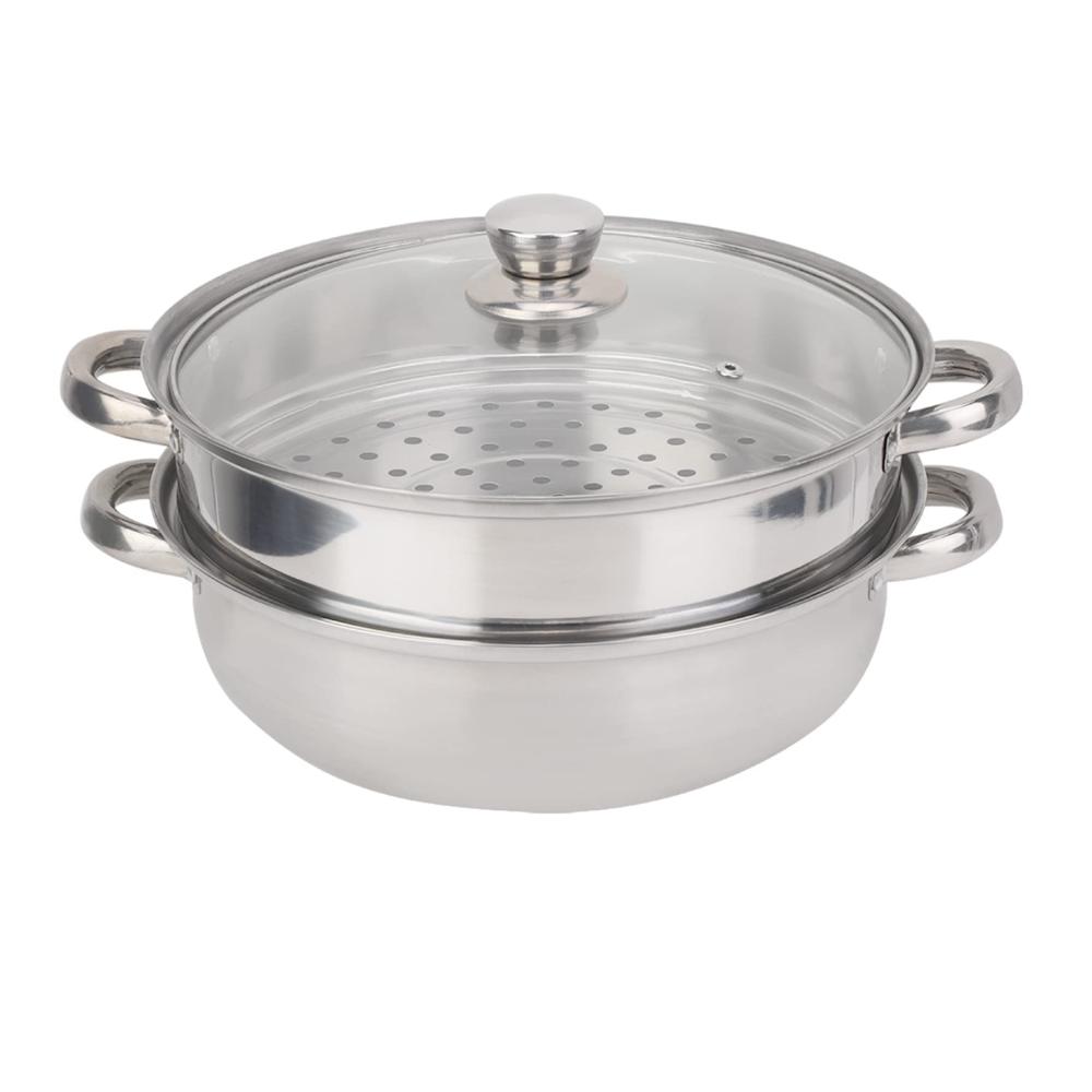 2-lagiger Dampfgarer aus Edelstahl 27 cm - Doppelkessel Kochgeschirr mit Glasdeckel - Suppen-Dampftopf für Gas- und Elektroherde - Gesundes Kochen leicht gemacht