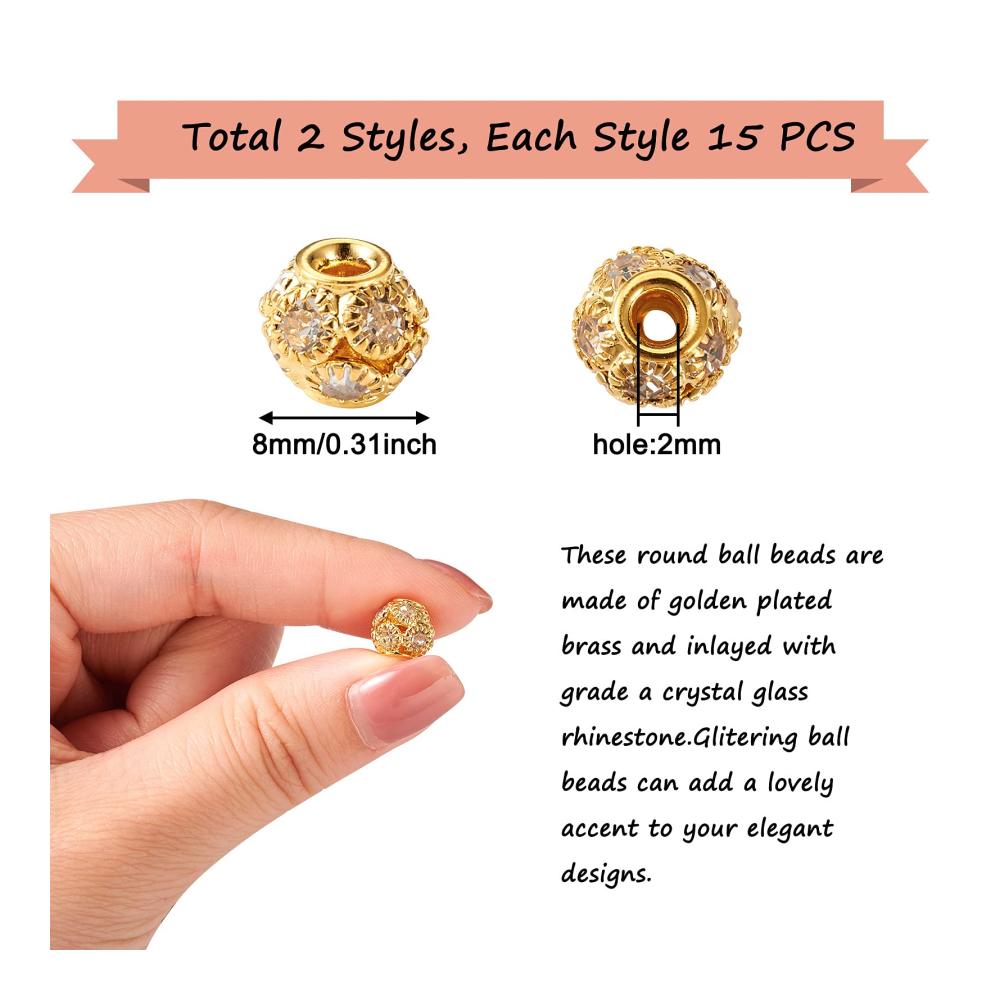 30 Stück Kristall-Strass-Rondellen-Abstandhalterperlen 8 mm - Glänzende Strass-Pavé-Fassung für exquisites Schmuckdesign - Gold & Platin - Ideal für DIY Schmuckherstellung - Loch 2 mm