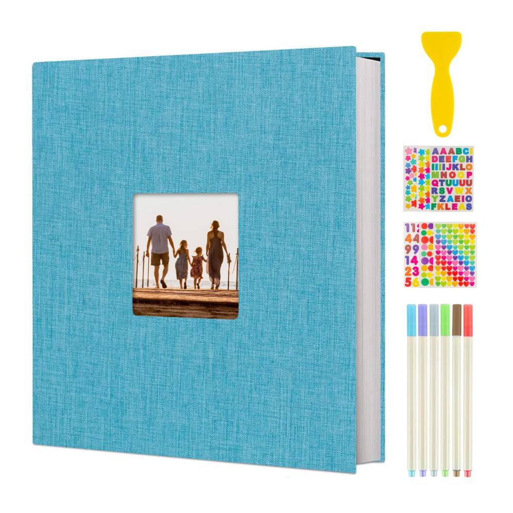 Kreatives DIY Scrapbook Fotoalbum Set | Selbstklebend & Groß | Leinen Cover | 40 Weiße Seiten | Ideal für Hochzeit Baby Geburtstag | Inklusive Sticker & Zubehör (Himmelblau