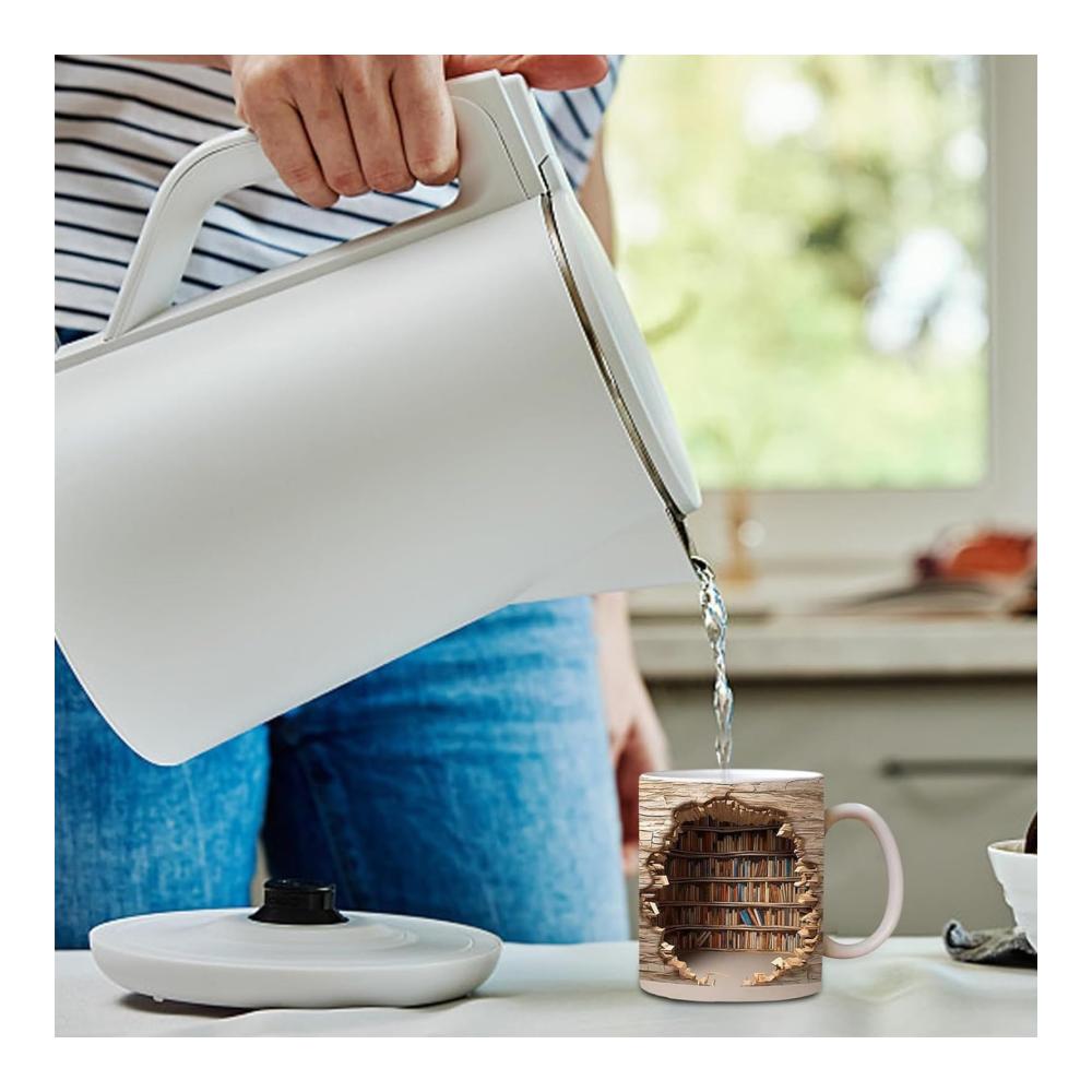 Buchliebhaber Kaffeetasse | 325ml Keramikbecher mit 3D-Buchregal-Design | Tasse für Leseratten und Buchwürmer | Ideal für Buchclubs und Lesungen | Tolles Geschenk für Bücherfans
