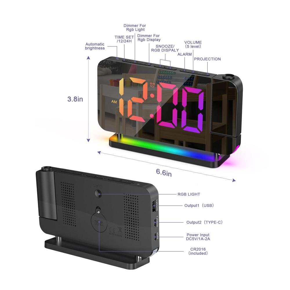 Hightech-Projektionswecker mit 180°-Projektion & 10-Farben-Nachtlicht | Digitale Uhr mit 7 RGB-LEDs | Snooze USB-Ladegerät |