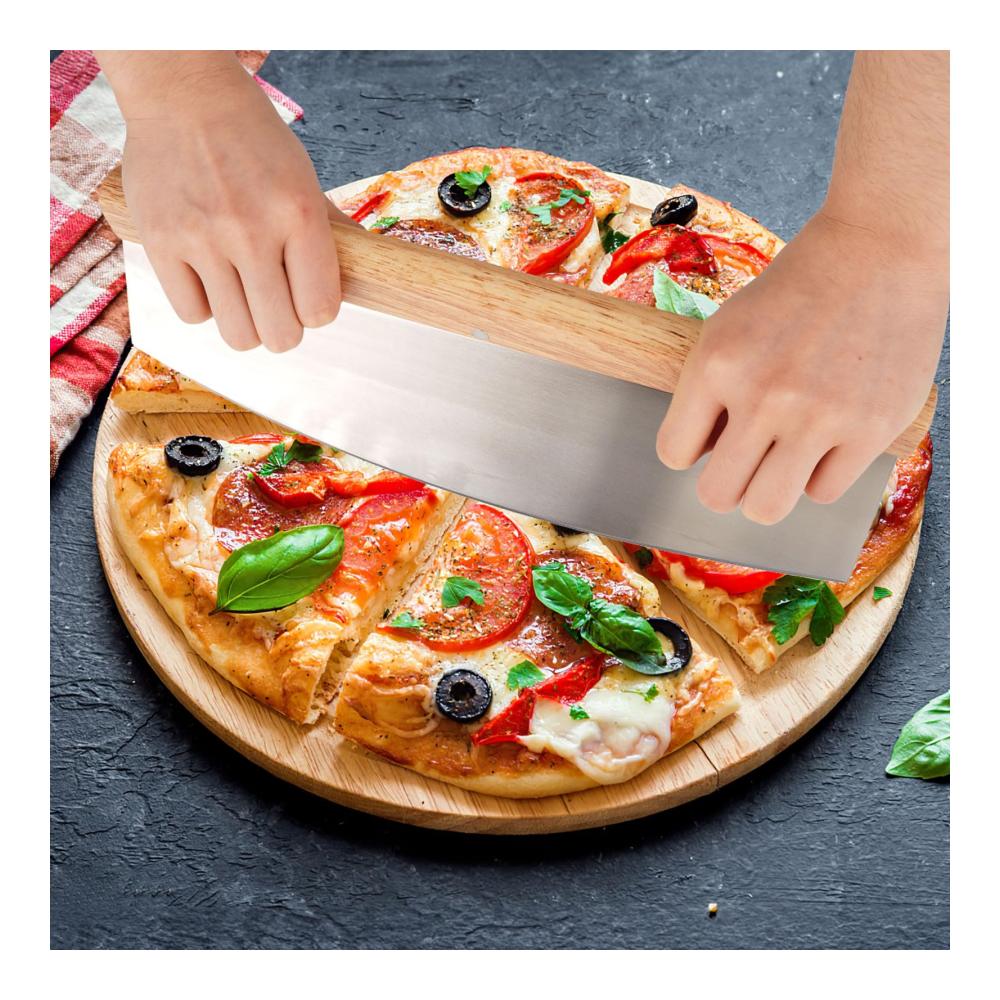 Profi Pizzaschneider Set mit Holzgriff | 32 cm Pizzamesser & Teigschaber | Edelstahl Zubehör für perfekte Pizzaschnitte | Inklusive scharfem Wiegemesser für müheloses Schneiden von Teig und Crêpes