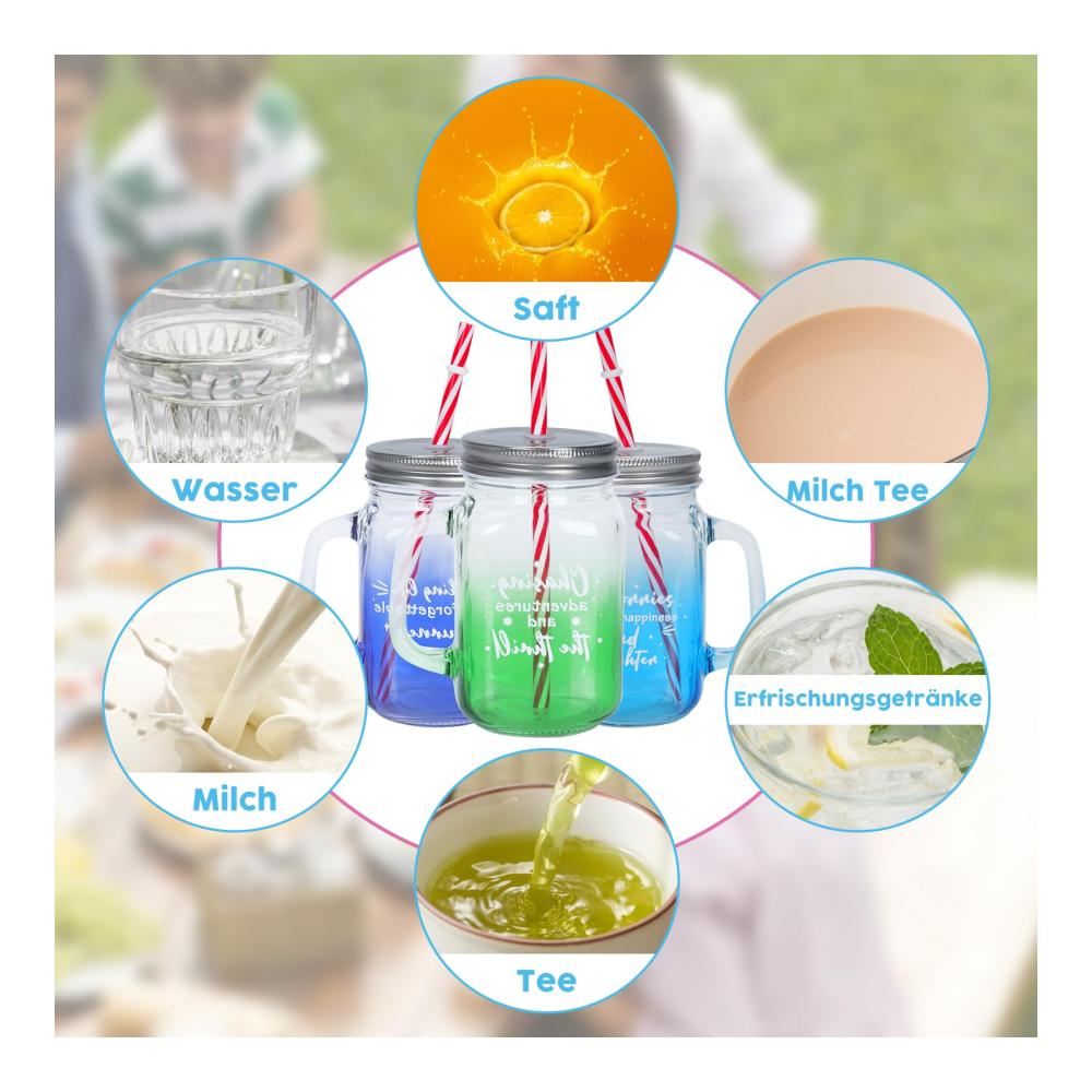 Genießen Sie stilvoll 6er Set Einmachgläser mit Deckel und Strohhalm - 450ml Mason Jar Gläser in buntem Design für erfrischende Getränke köstliche Marmeladen und praktische Haferflockenlagerung. Entdecken Sie vielseitige Nutzung und Qualität für Ihren Alltag