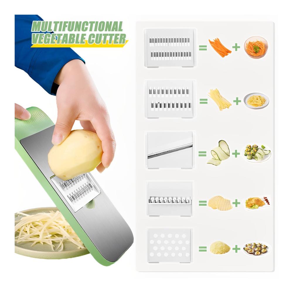 Erleben Sie müheloses Gemüseschneiden! Gemüsehobel Pommesschneider mit 5 einstellbaren Klingen für perfekte Scheibendicke. Vielseitige Reibe für Schnittstärken bis zu 8 mm. Der ultimative Vegetable Nicer Slicer Kartoffelschneider und Zwiebelschneider in elegantem Grau. Machen Sie Ihre Küche effizienter