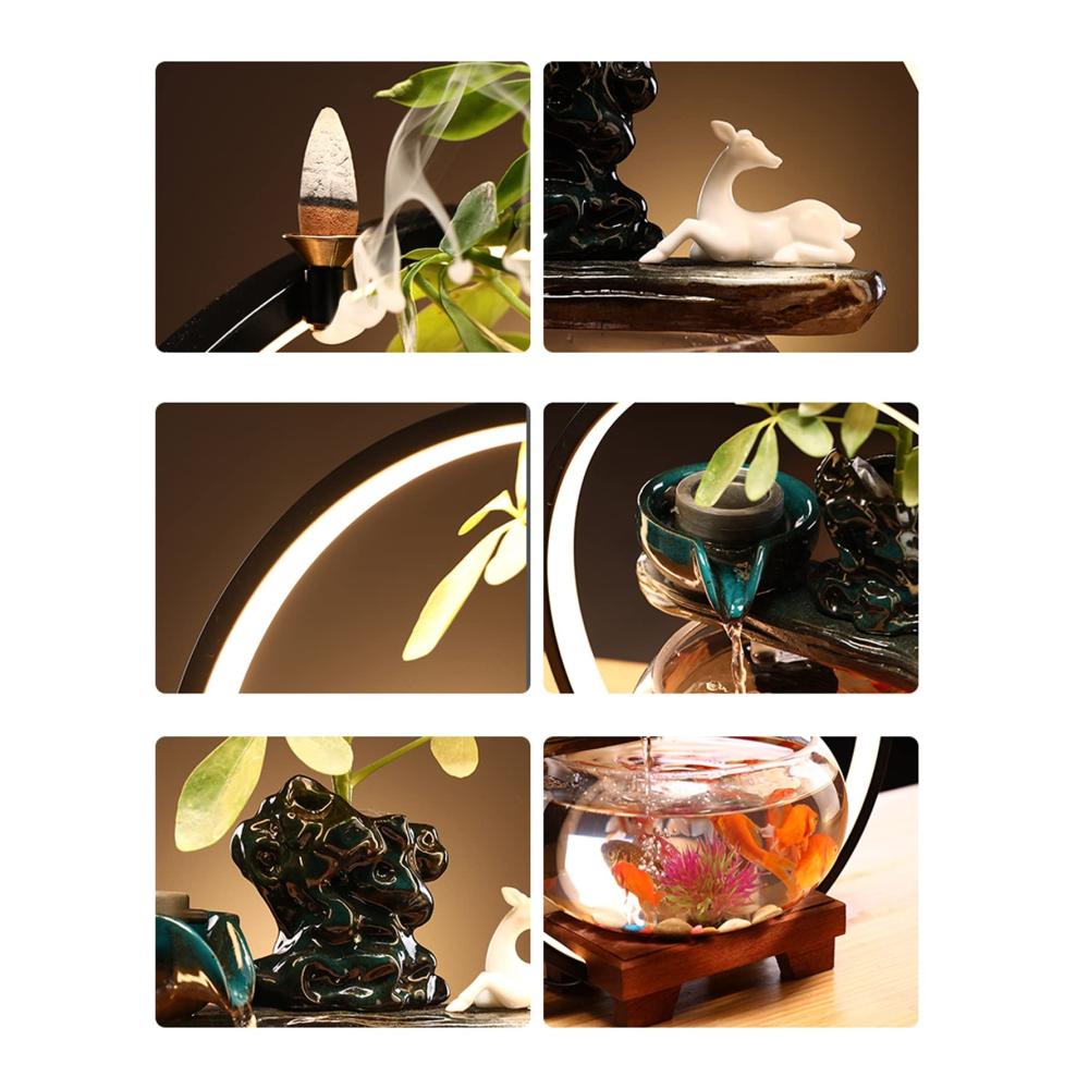 Entspannender Tischspringbrunnen mit Glas-Aquarium LED-Licht & Holzsockel - Zen Wasserspiel für Innenräume - Dekoratives Spa und Yoga Accessoire - Keramikbrunnen für eine beruh