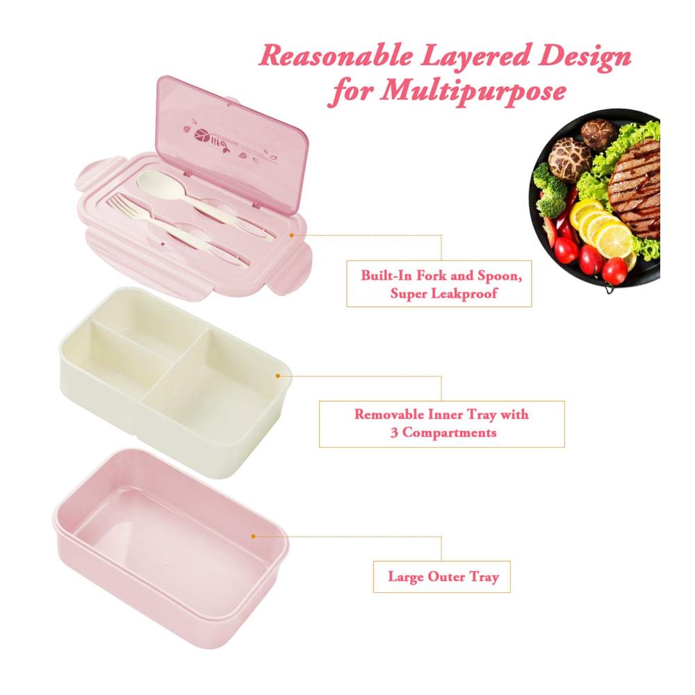 Entdecken Sie die Perfektion Lunch Box Bento Box - 3 Fächer Besteck Auslaufsicher Spülmaschinenfest! Genießen Sie Ihre Brotzeit überall - Schule Arbeit Picknick Reisen. Kühlschrank und Mikrowellengeeignet. Stilvoll in Pink