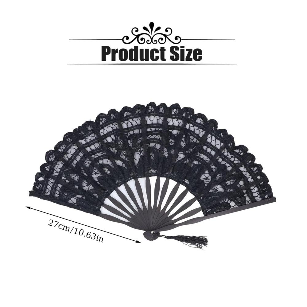 Eleganter Handfächer für Zeremonien Schwarzer Spitzenfächer mit Quasten - Perfekt für Hochzeiten Partys und Tanz - stilvolle Braut- und Herrenaccessoires - Handheld Faltventilator aus Stoff - 27cm