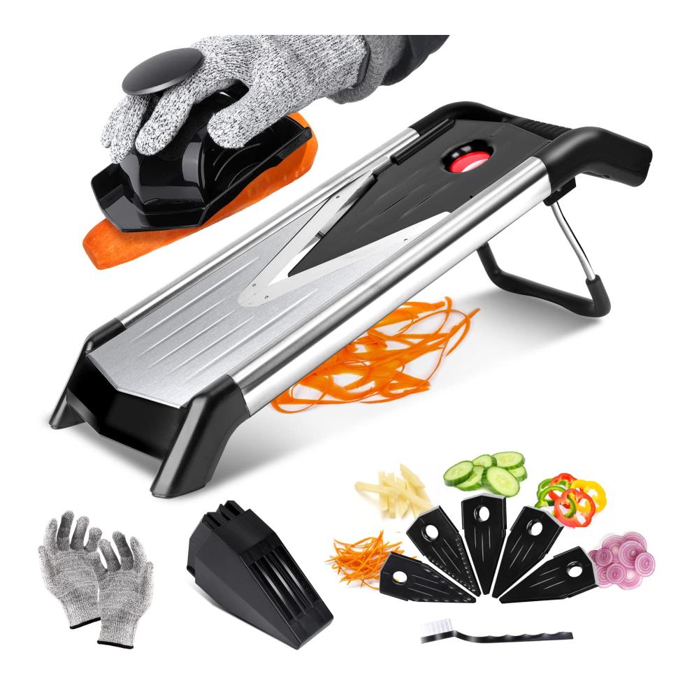 Gemüsehobel Hochwertige Edelstahl-Mandoline mit V-Klinge Julienne-Funktion Handschuhen & Reinigungsbürste - Perfekt für Obst Gemüse &