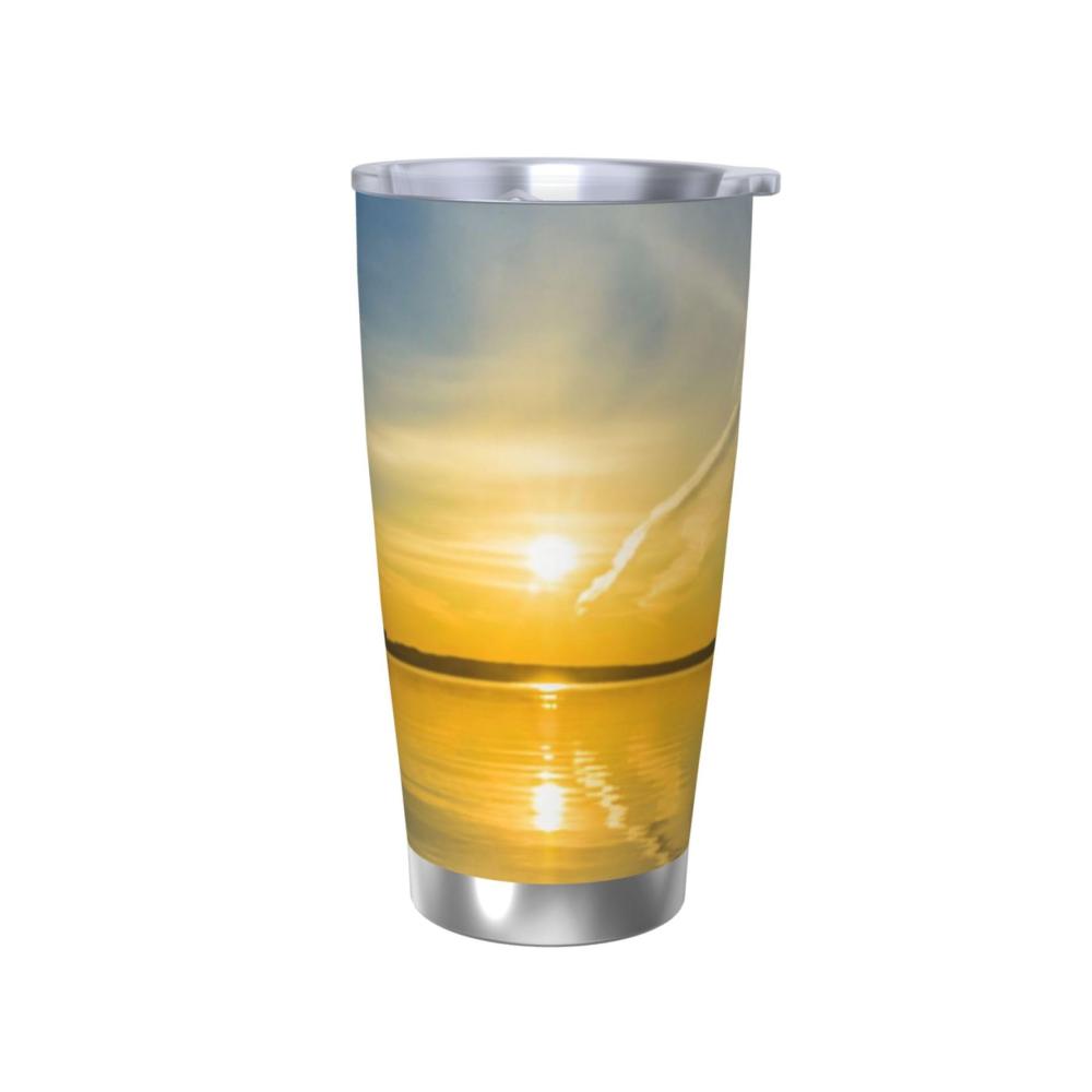 Doppelwandiger Edelstahlbecher 20oz | Isolierter Reisebecher mit Deckel & Strohhalm | Perfekt für heiße & kalte Getränke unterwegs | Wiederverwendbarer Becher für Autohalter | Sonnenaufgangs-Horizont Design | Ideal für Tassen & Becher Liebhaber