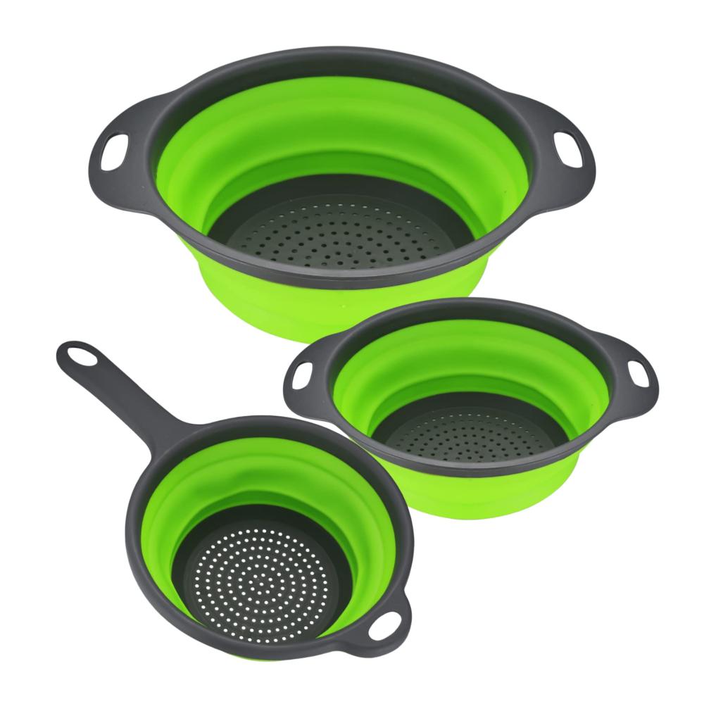 Küchenhelfer Deluxe Faltbare Siebe Set mit Griffen - 3-teiliges Silikon Abtropfsieb Trio für Nudeln Gemüse & Obst - Platzsparendes Klapp-Sieb-Set