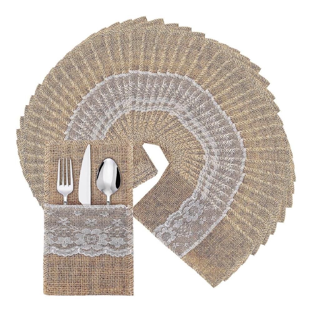 Organisieren Sie Ihre Tischkultur mit Stil 50 Bestecktaschen Jute 20x10cm – Sackleinen Besteckbeutel & -halter für Messer Gabeln und mehr. Vintage Serviettentaschen mit Spitze – Perfekt für Party Hochzeit Festival und Geburtstag. Erwecken Sie Ihre Tischdekoration