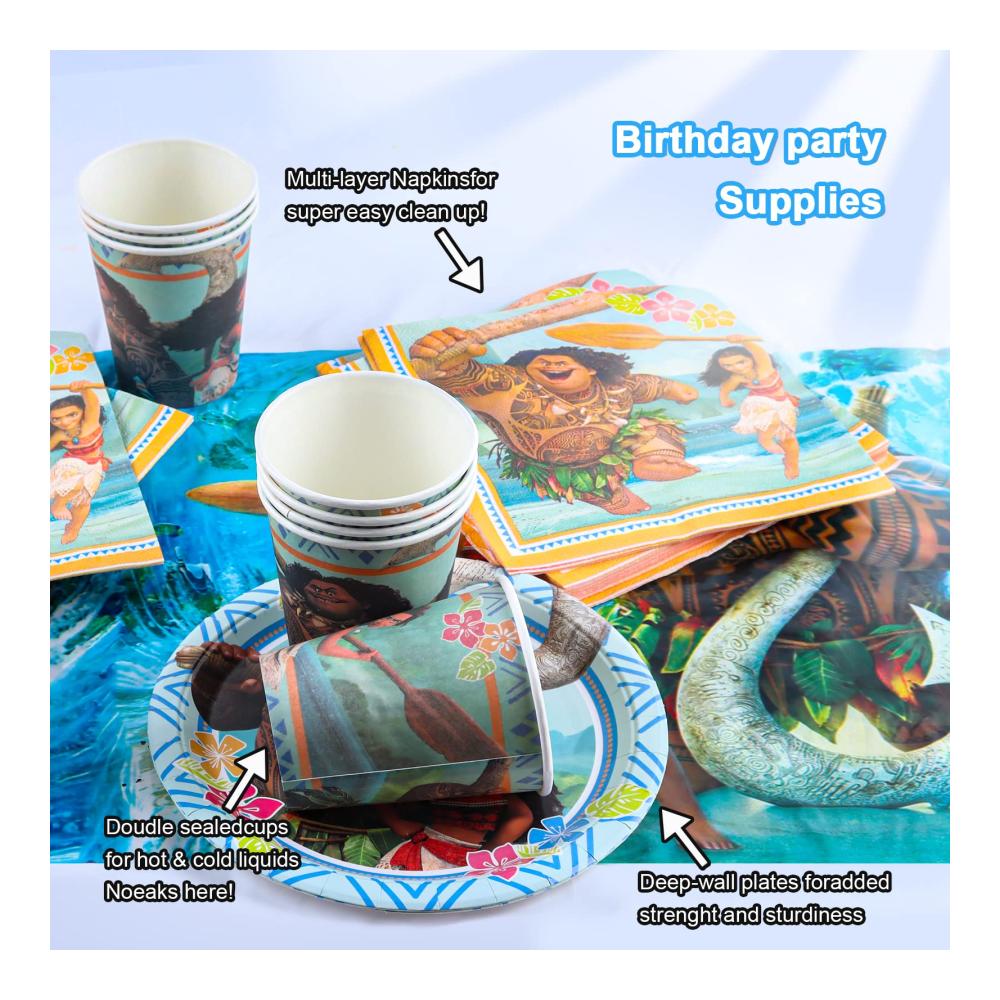 Vaiana Geburtstagsdeko Set - Exklusives Moana Partygeschirr mit Banner Tischdecke und hochwertigen Tellern für einen unvergesslichen Kindergeburtstag! Perfekte Vaiana Party Dekoration mit Tassen und Servietten für eine magische Feier