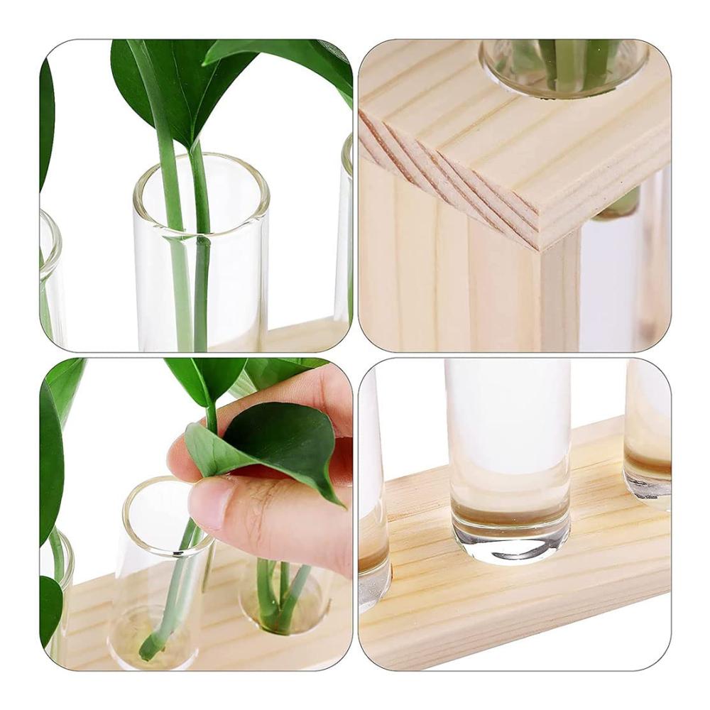 Deko Vasen Set Vintage Glas Reagenzgläser in Holzhalterung für Hydrokultur Pflanzen & Terrarium Dekoration - Perfekt für Zuhause Büro & Garten