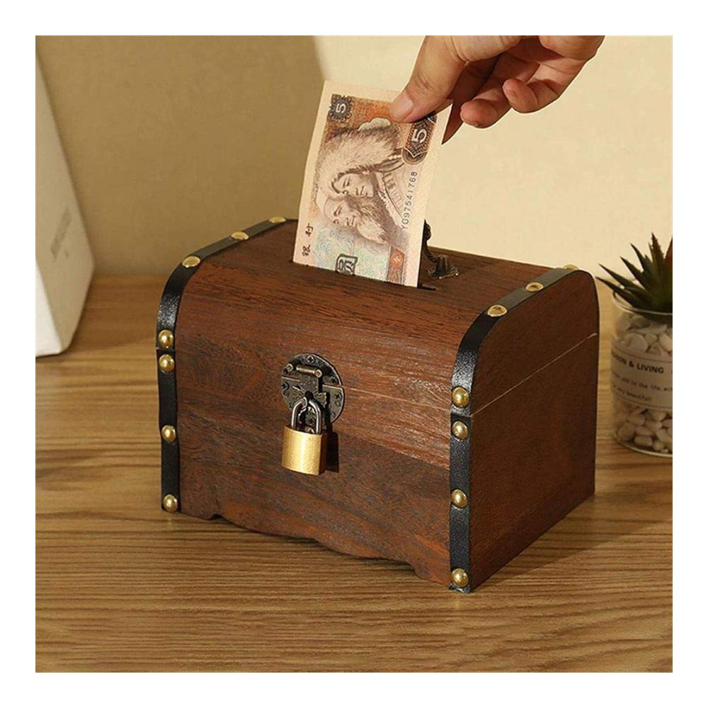Vintage Spardose aus Holz - Schatztruhe mit Schloss - Münzgeld-Aufbewahrungskoffer - Sichere Münzsparbank - Heimdekoration & Geschenke - Braun