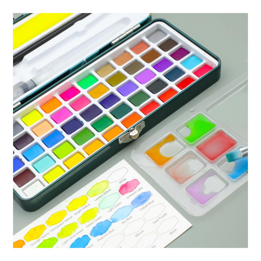 Aquarellfarben Set 50 brillante Farben in praktischer Box | Inklusive 4 fluoreszierende Wasserfarben Aquarellpapier Pinsel & mehr | Ideal für Künstler & Hobbyisten | Hochwertige Farben & Lacke