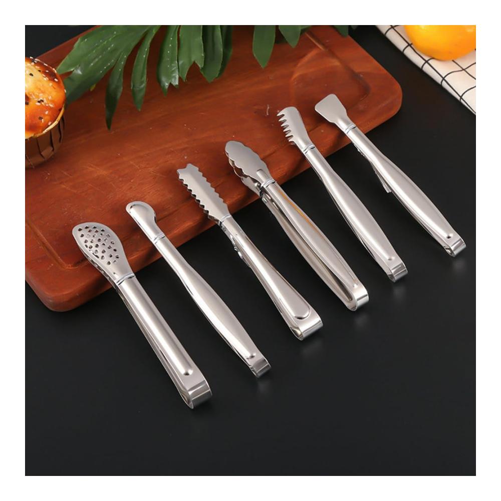 Edelstahl Zangen Set – 6-teiliges Küchenzubehör für Lebensmittel Grill & mehr | Vielseitige Buffet- und Brotzange | Inklusive Eiszange | Robust & Leicht zu handhaben | Silber