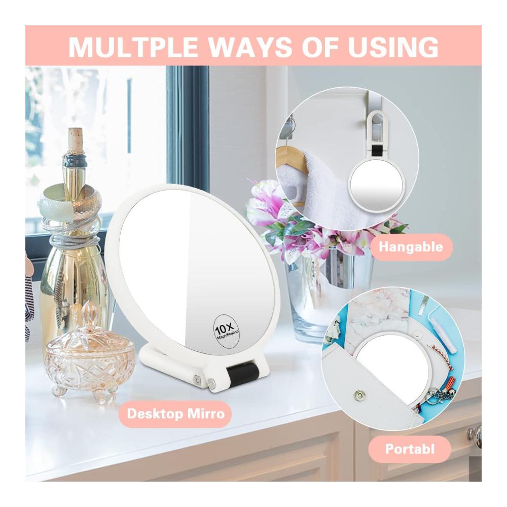 Premium Tischspiegel Klappbarer Handspiegel mit 10X Vergrößerung 360° Drehung doppelseitig mit Griff – Ideal für Reise und Kosmetik
