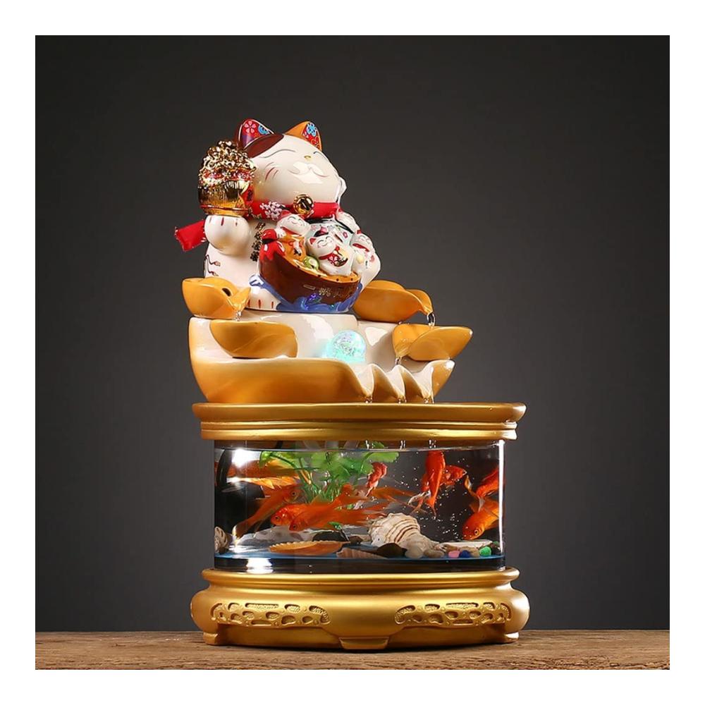 Tischspringbrunnen Moderner Tischbrunnen mit Wasserglas und Aquarium für Büro und Schreibtisch – Glückliche Katze und dekorative Ornamente