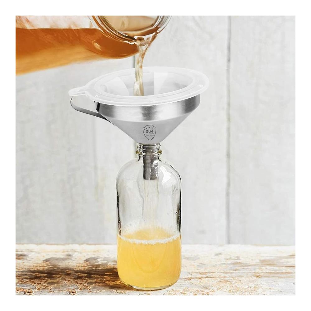 Premium Fettsiebtrichter Set - 4-teiliges Füllflaschen-Trichter-Kit | Abnehmbarer 200-Mesh-Filter in Lebensmittelqualität | Mit Griff und Reinigungsbürste - Perfekt für sauberes und m