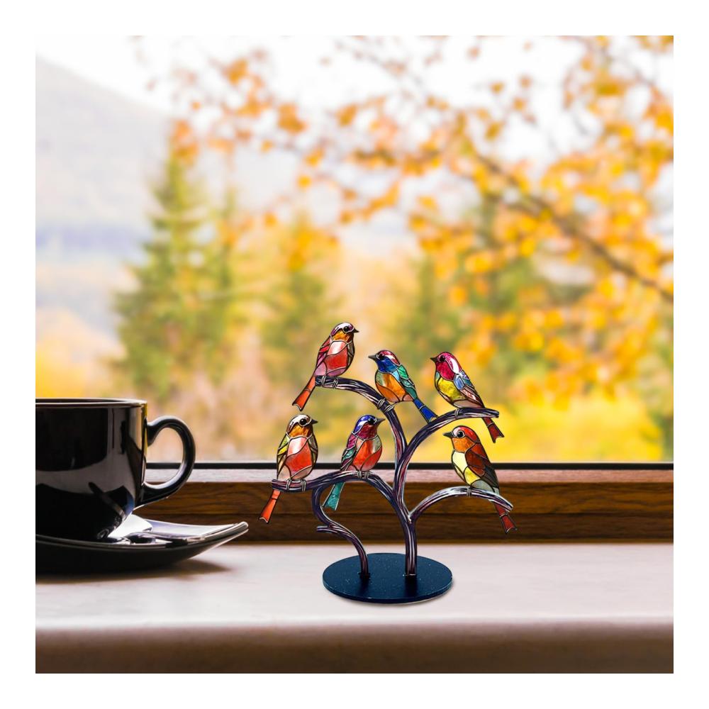 Bunte Statuen Elegante Glasvögel auf Ast - Deko für Zuhause & Büro Geschenkidee - Lebendige Tischdekoration mit 6 Vögeln