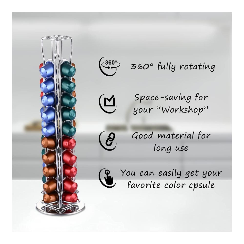 360° Drehbarer Kapselständer für Nespresso - Platzsparende Aufbewahrung für 40 Kaffeekapseln - Rostfreier Kapselhalter in Silber Chrom Design