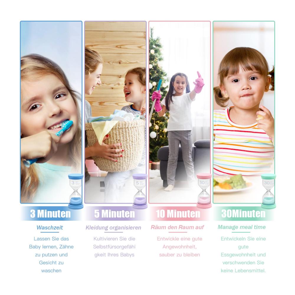 Entdecken Sie die Magie der Zeit mit unserem Eieruhren Set 3 Min 5 Min 10 Min 30 Min Sanduhren - GlasTimer für präzises Timing. Perfekt für Kinder Zähneputzen Spiele Büro und Küche. Ein farbenfrohes Deko-Set für jeden Anlass