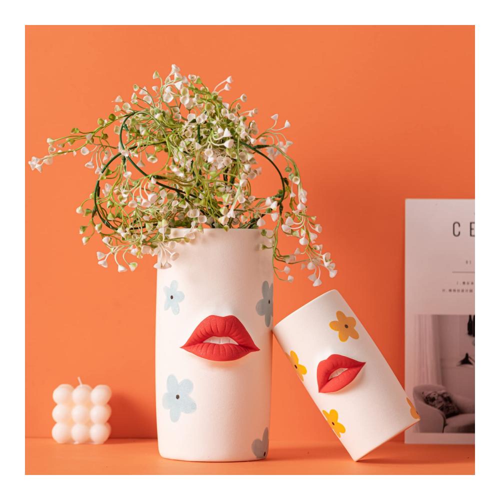 Boho Chic Große Keramikvase für Pampasgras & Blumen - Wohnaccessoire in Mattweiß für Wohnzimmer & Büro - Dekorative Blumenvase für Frische & Trockenblumen - Modernes Design - Gelb - Groß