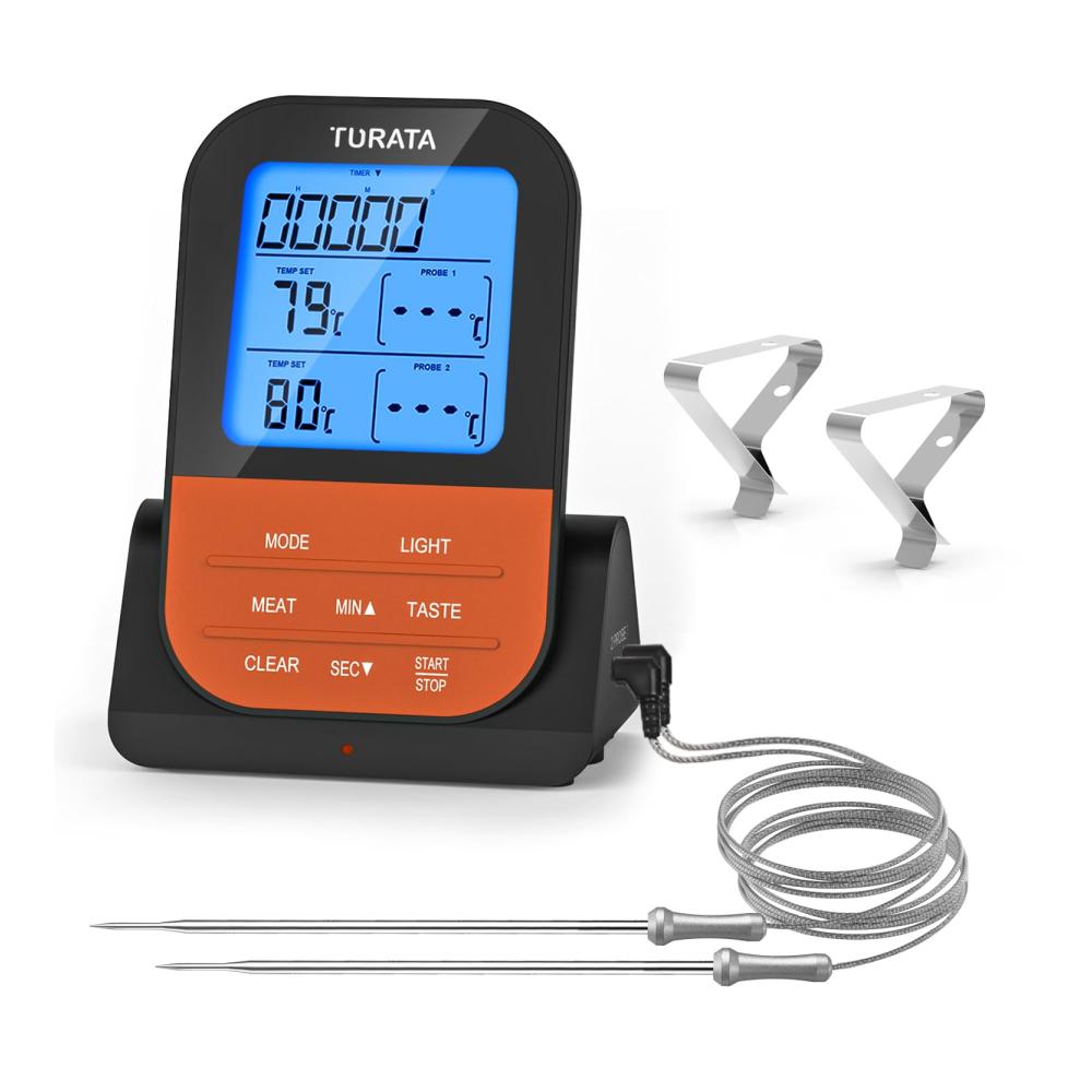Digitales Bratenthermometer mit Timer kabellos LCD-Display und 2 Sonden für BBQ Grill und Backofen - Fleischthermometer für perfekte Kerntemperatur - Grillzubehör inklusive Funktechn
