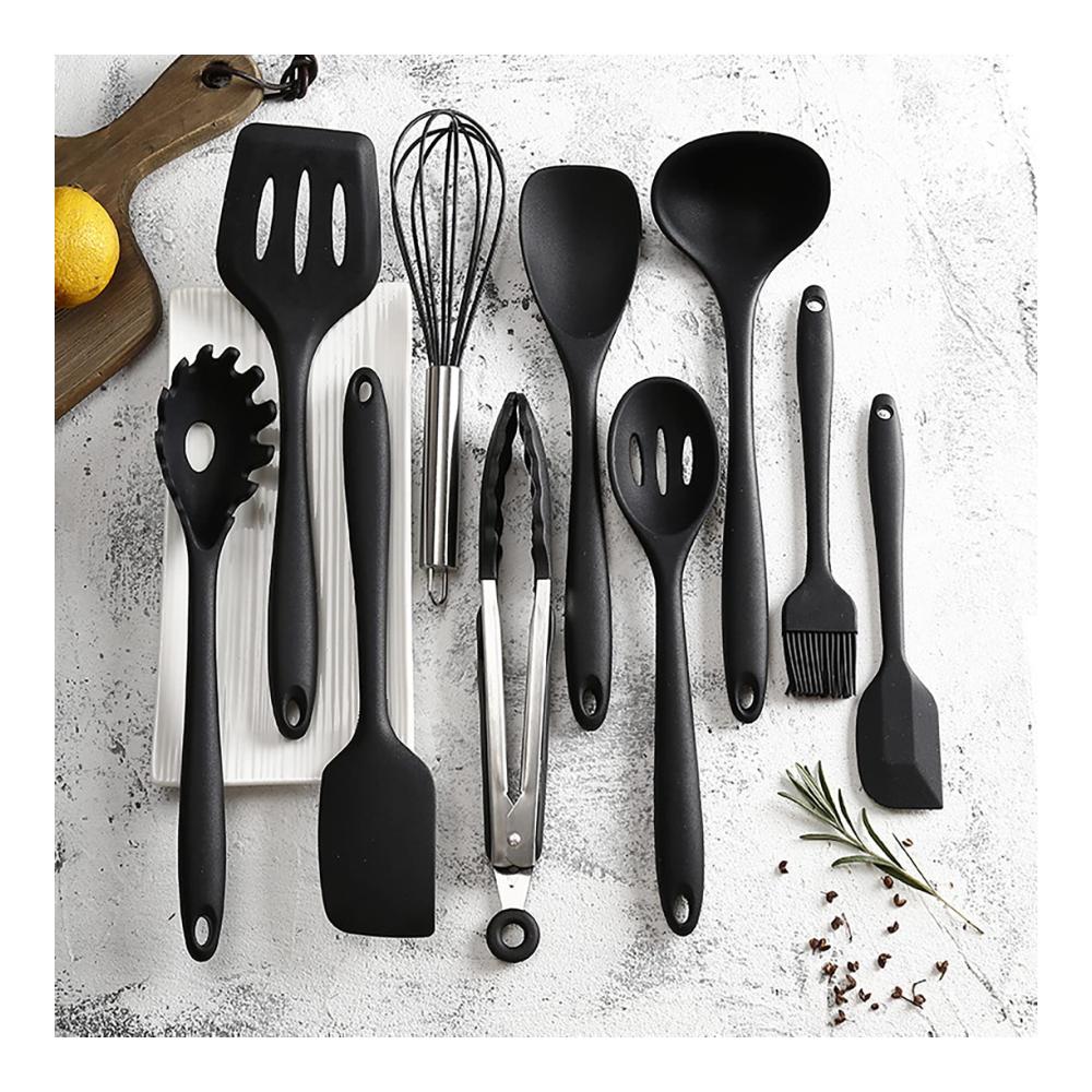 Pfannenwender Set Silikon Schwarz | 5-teiliges Küchenhelfer Set inklusive Schaber Schneebesen Grillzange und Pinsel | Hitzebeständig und Langlebig | Kochutensilien