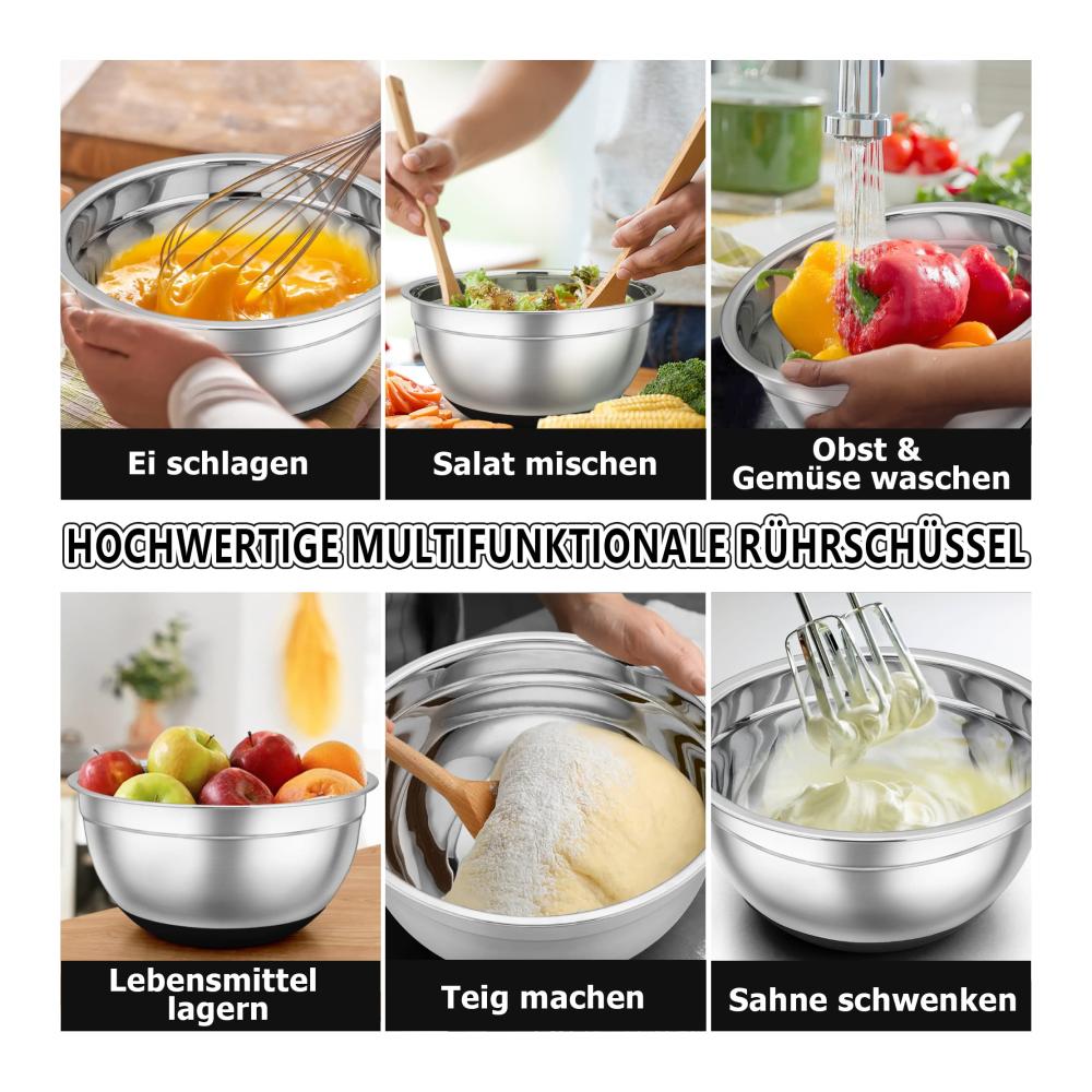Premium Rührschüssel-Set aus Edelstahl mit luftdichten Deckeln und Silikonböden | Stapelbar & Spülmaschinenfest | 7-teilig in verschiedenen Größen | Praktisch für Küche und Backen | Schwarz
