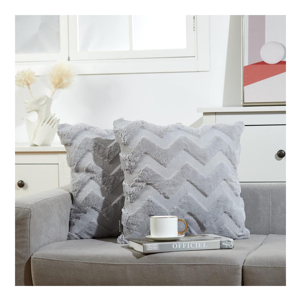 2er Set Luxus Kunstfell Zierkissenbezüge 50x50cm - Weiche Pelzimitat Kissenhüllen für Sofa - Flauschige Dekokissenbezüge - Wohnzimmer Deko in Hellgrau