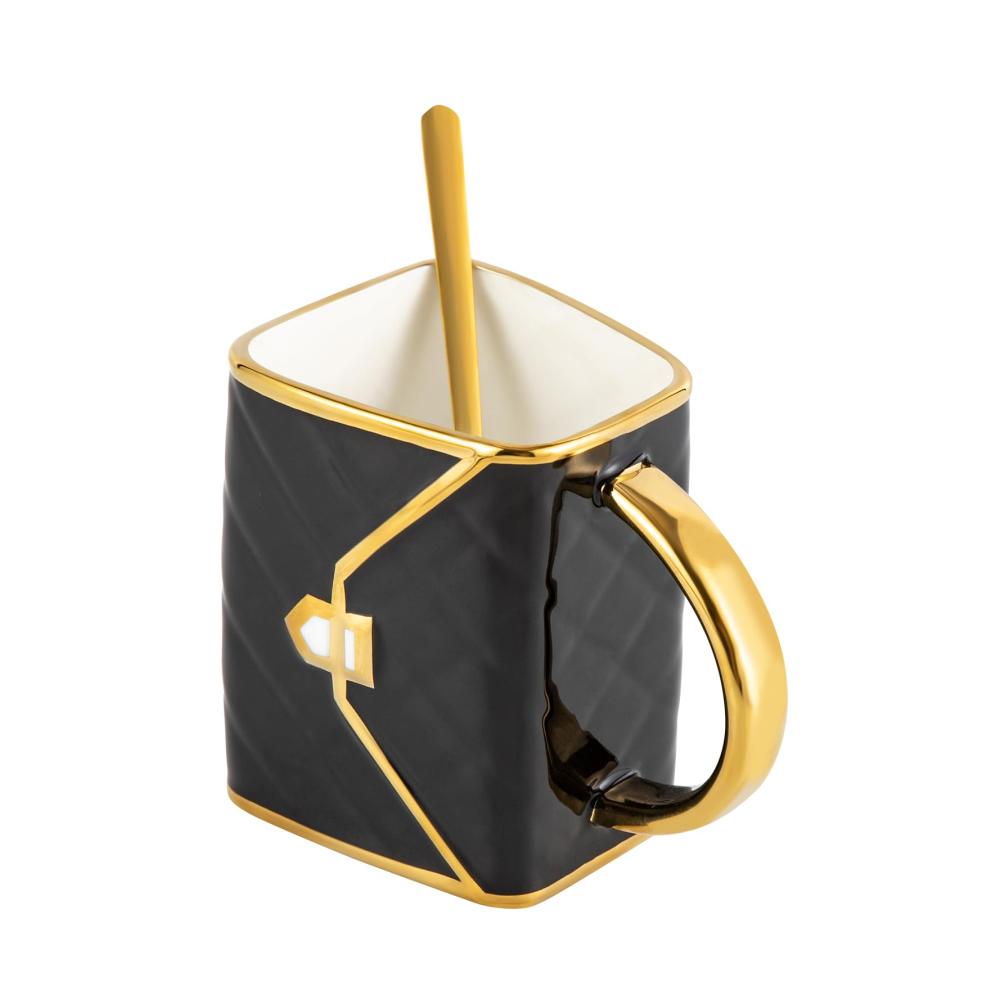 Luxus Cappuccino Tassen Untertassen Set mit Löffel - 310ml Handtasche Design Porzellan & Keramik für Kaffee & Tee Schwarz & Gold