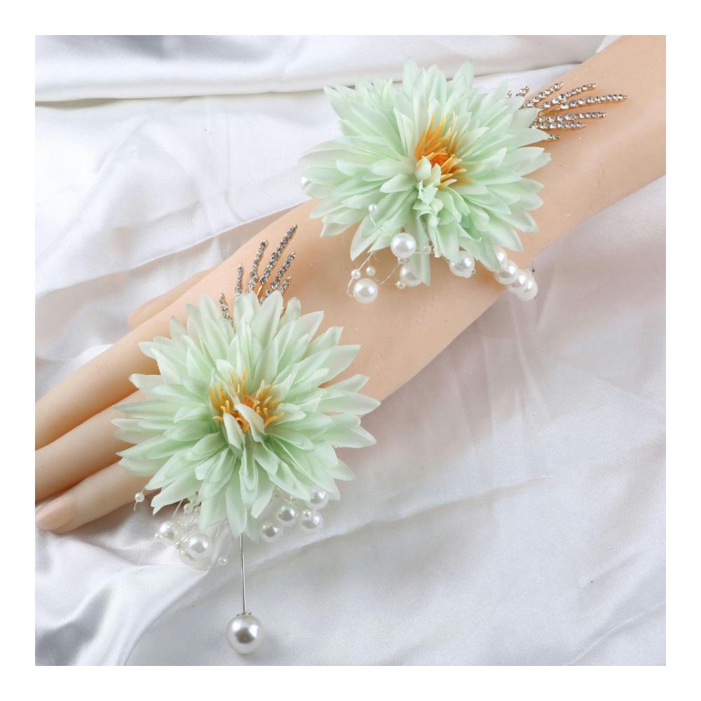 Elegantes Perlen-Gänseblümchen-Blumenarmband für Braut und Brautjungfer - Hellgrün - Handgelenk Corsage mit Perlenkette - Hochzeit Brautaccessoires