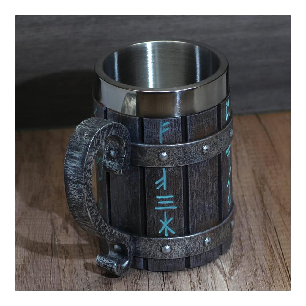 Entdecke den Wikingerstil mit GuoShuang VikingHolzfass Bierkrug | Edelstahl Becher mit Griff | 600 ml | Perfektes Geschenk für Wikingerfans