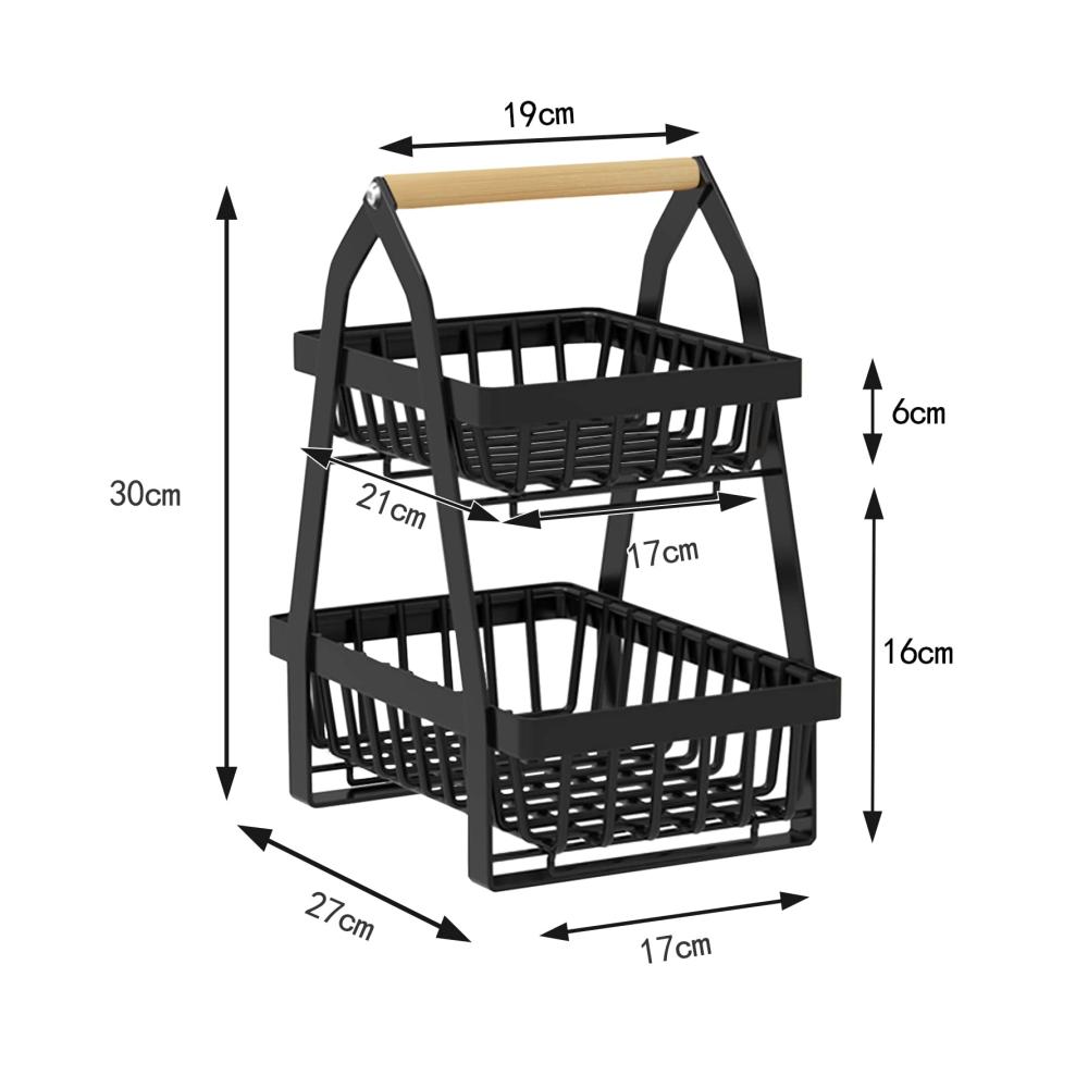 Hochwertige Obst Etagere 2-stöckiger Metall Obstkorb mit abnehmbaren Körben und Holzgriffen – Perfekt für Obst Gemüse und Brot – Stilvoll und praktisch (27 x 17 x