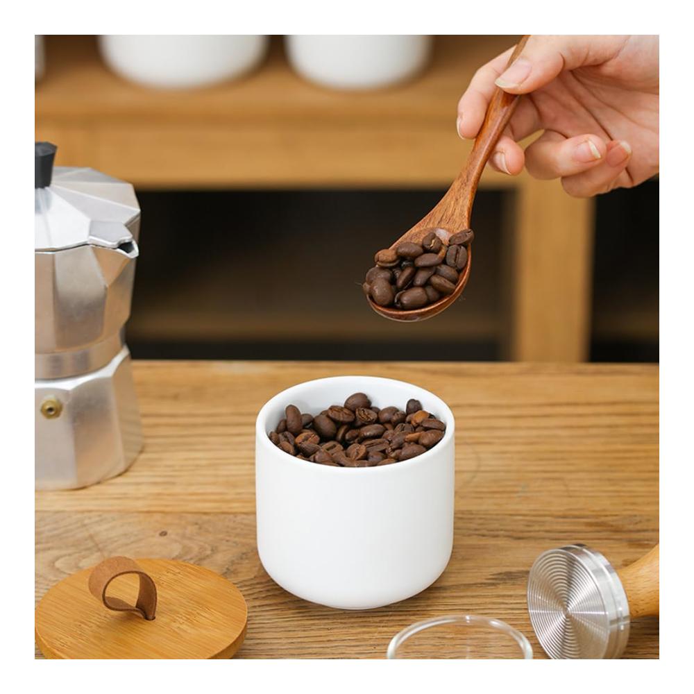 Glasbehälter & Töpfe Elegante Vorratsdosen aus Keramik mit Bambusdeckel - Tee Kaffee Zucker - Modernes Küchenzubehör-Set in Weiß (3-teilig