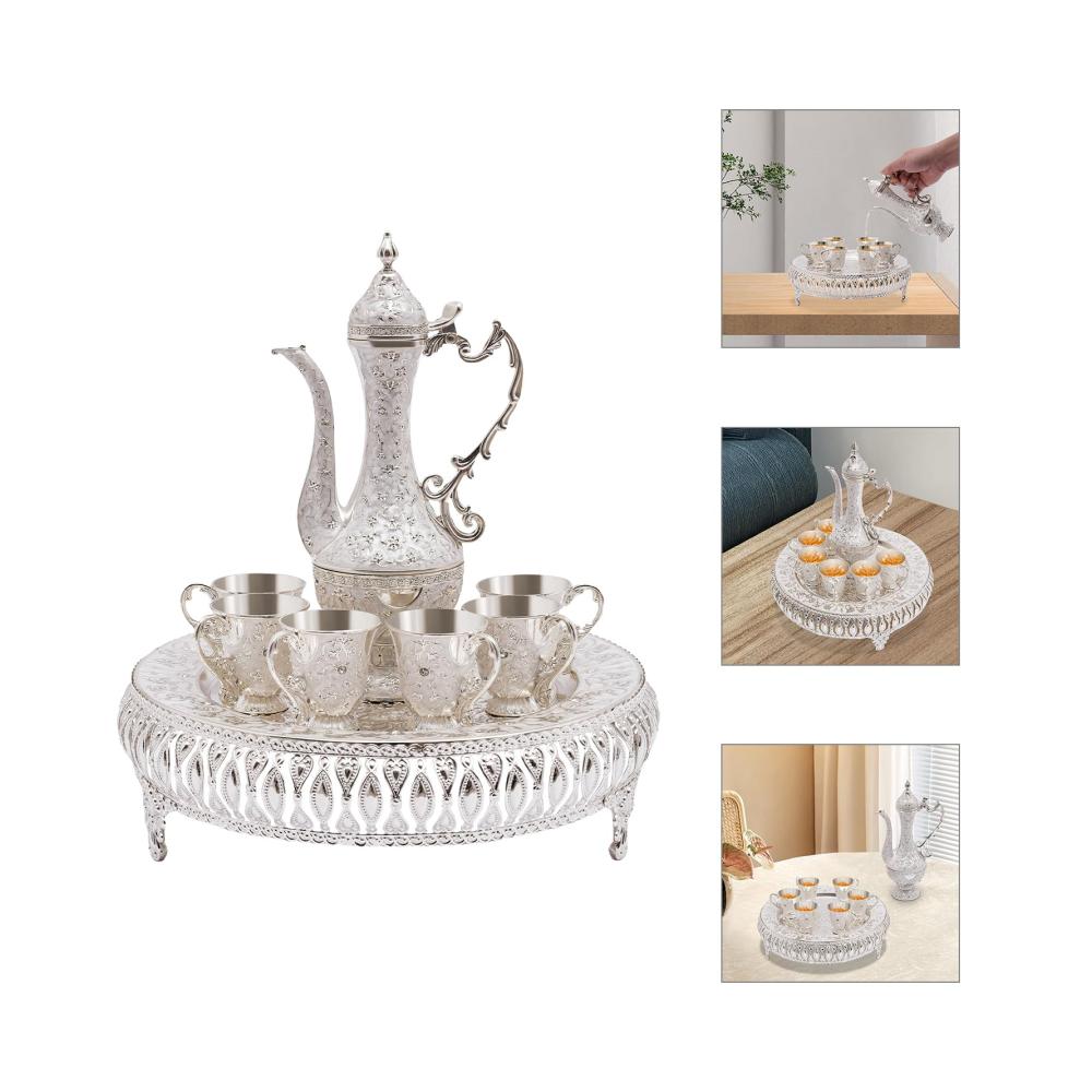 Exklusives Türkische Kaffeekanne & Teeset - Vintage Design mit Tablett und 6 Teegläsern | Edles Türkisches Teeset - Perfekt für Home Tea Party | Ornamentierte Teekanne in Silber für Genussmomente