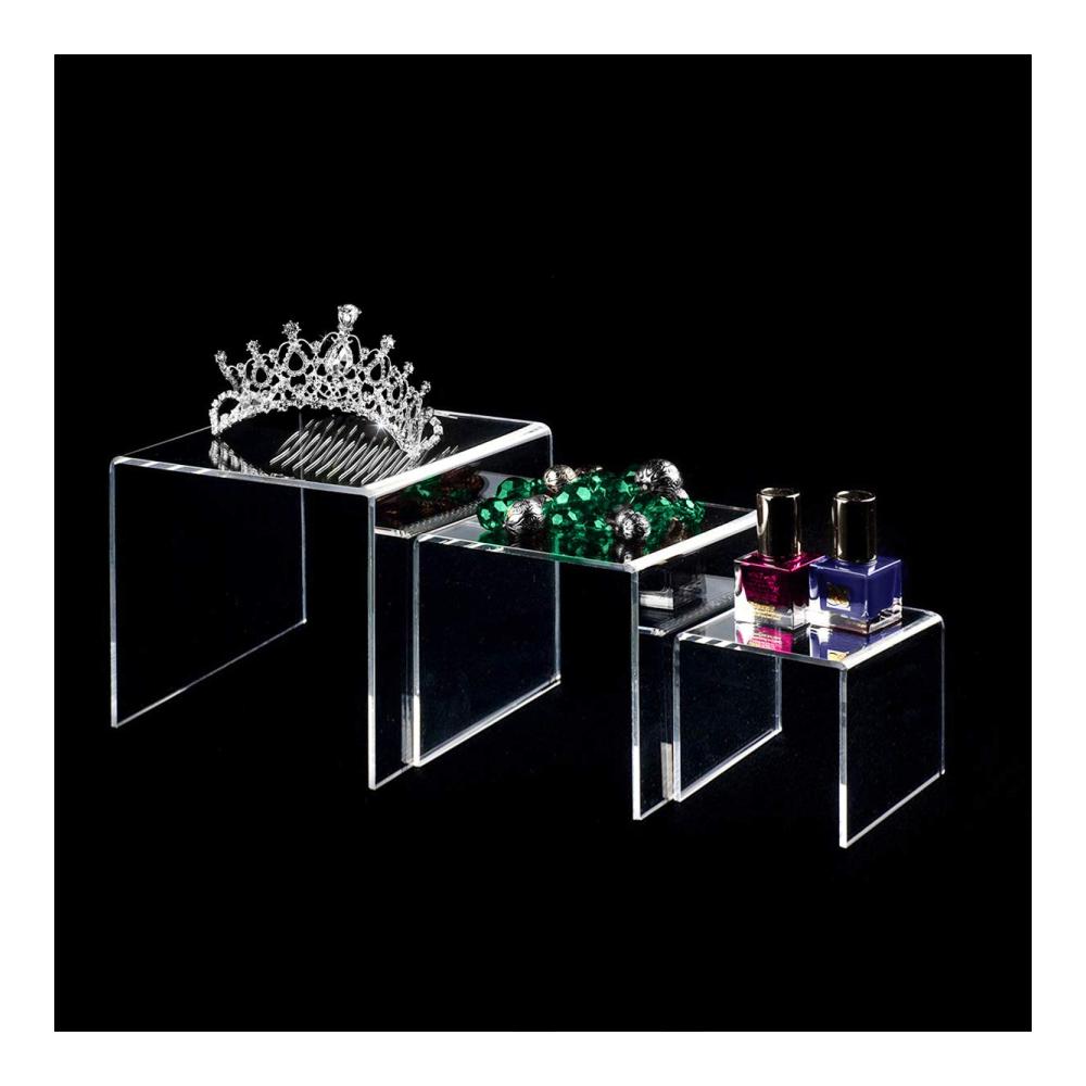 Erleben Sie Eleganz und Organisation mit unseren 3-stufigen Klaren Acrylvitrinenständern – Ideale Vitrinenregale für Figuren Buffets Cupcakes und Schmuck. Praktisch und stilvoll mit klebriger Schutzfolie für perfekte Präsentation. Entdecken Sie die Kunst der Präsentation