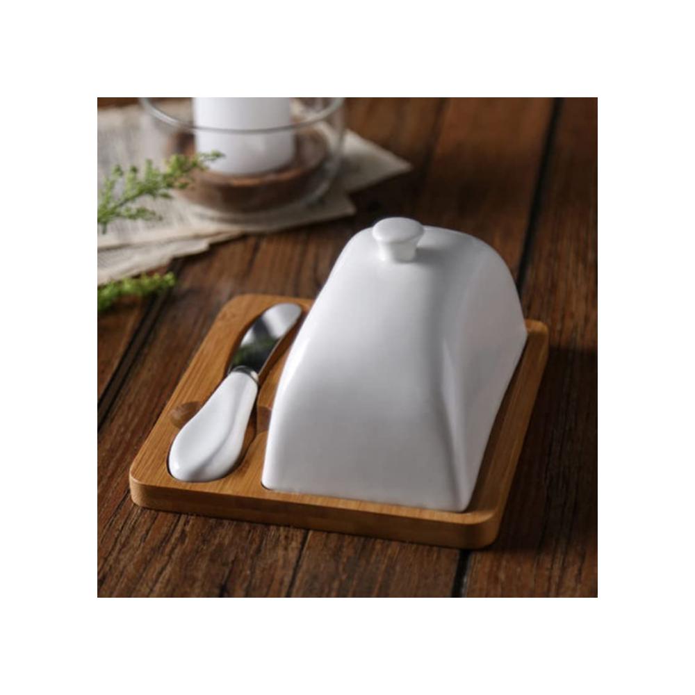 Erfrischendes Design Keramik Butterdose mit Holzdeckel für Käse & Desserts | Porzellan Behälter für hausgemachte Butter | Inklusive praktischem Messer | Attraktive Butterbox