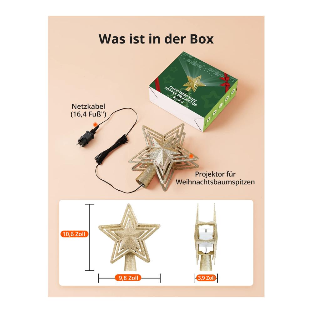 Erleuchten Sie Ihre Weihnachtszeit mit einem Stern! Goldener LED-Schneeflocken-Projektor für den Weihnachtsbaum. Top Spitzenqualität 180° drehbare Musterprojektion. Perfekter Christbaumspitze Weihnachtsschmuck