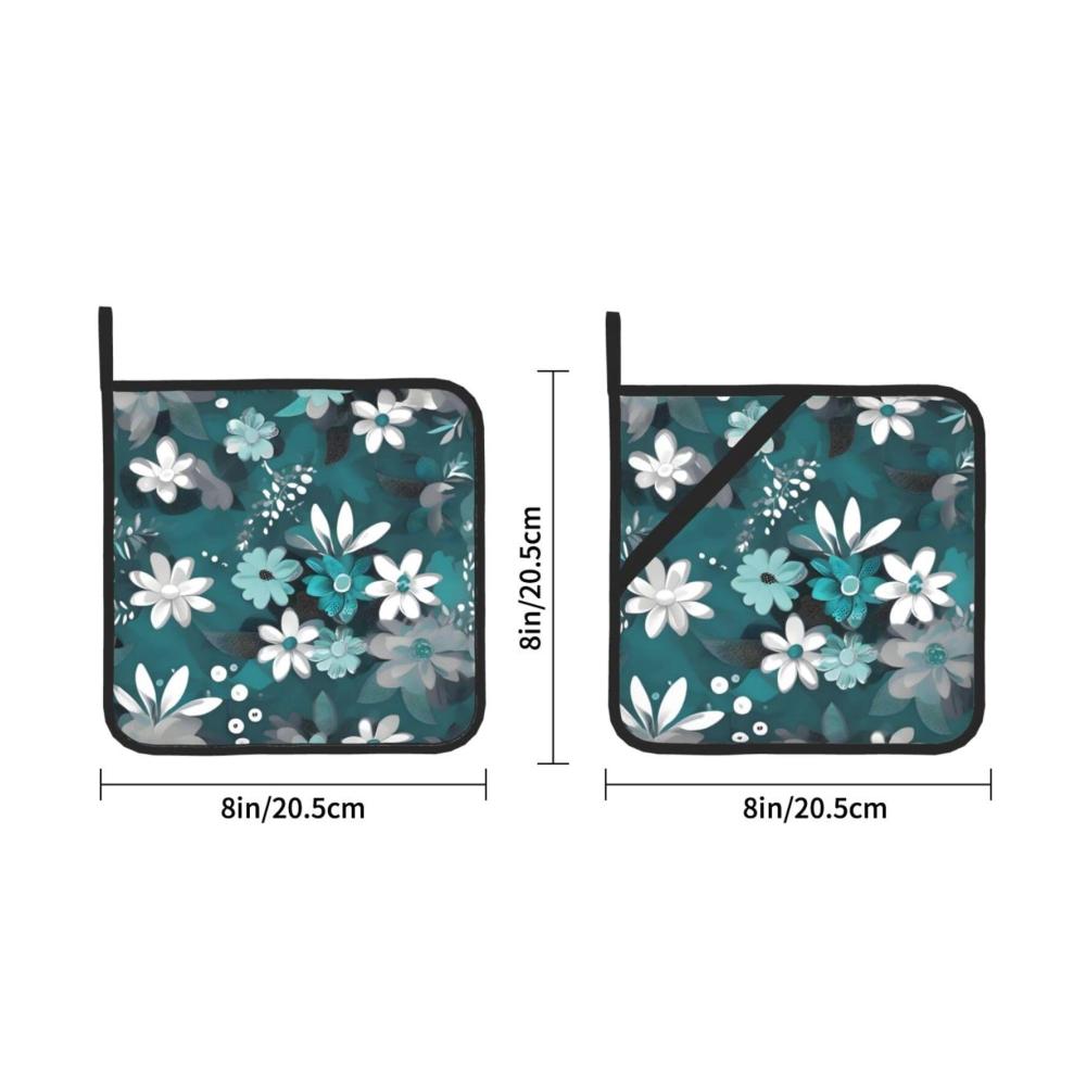 Isolierte Topflappen-Set (2-teilig) 203 x 203 cm Blaugrün/Weiß Blumendruck dick & langlebig - Verbrühungssicher & leicht zu reinigen - Perfekter Schutz für Ihre Hände beim Kochen & Backen