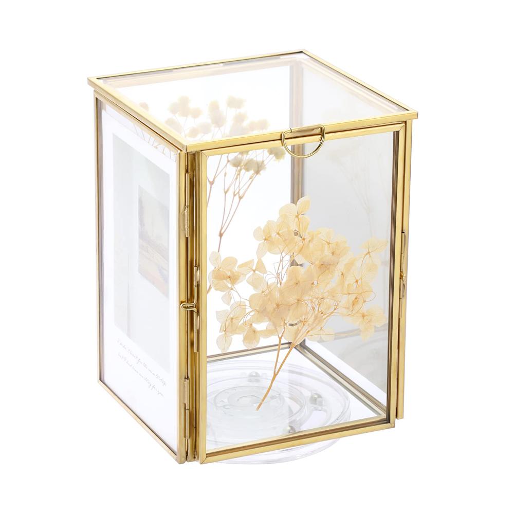 Goldener Glaswürfel Botanische Probe Fotorahmen Ewige Blume Probe Box mit 360 Grad drehbaren Basis Foto Kosmetik Pinsel Veranstalter 4x6inch für Wand- & Tischrahmen - Hochwertiges Design für zeitlose Erinnerungen und organisierte Schönheit