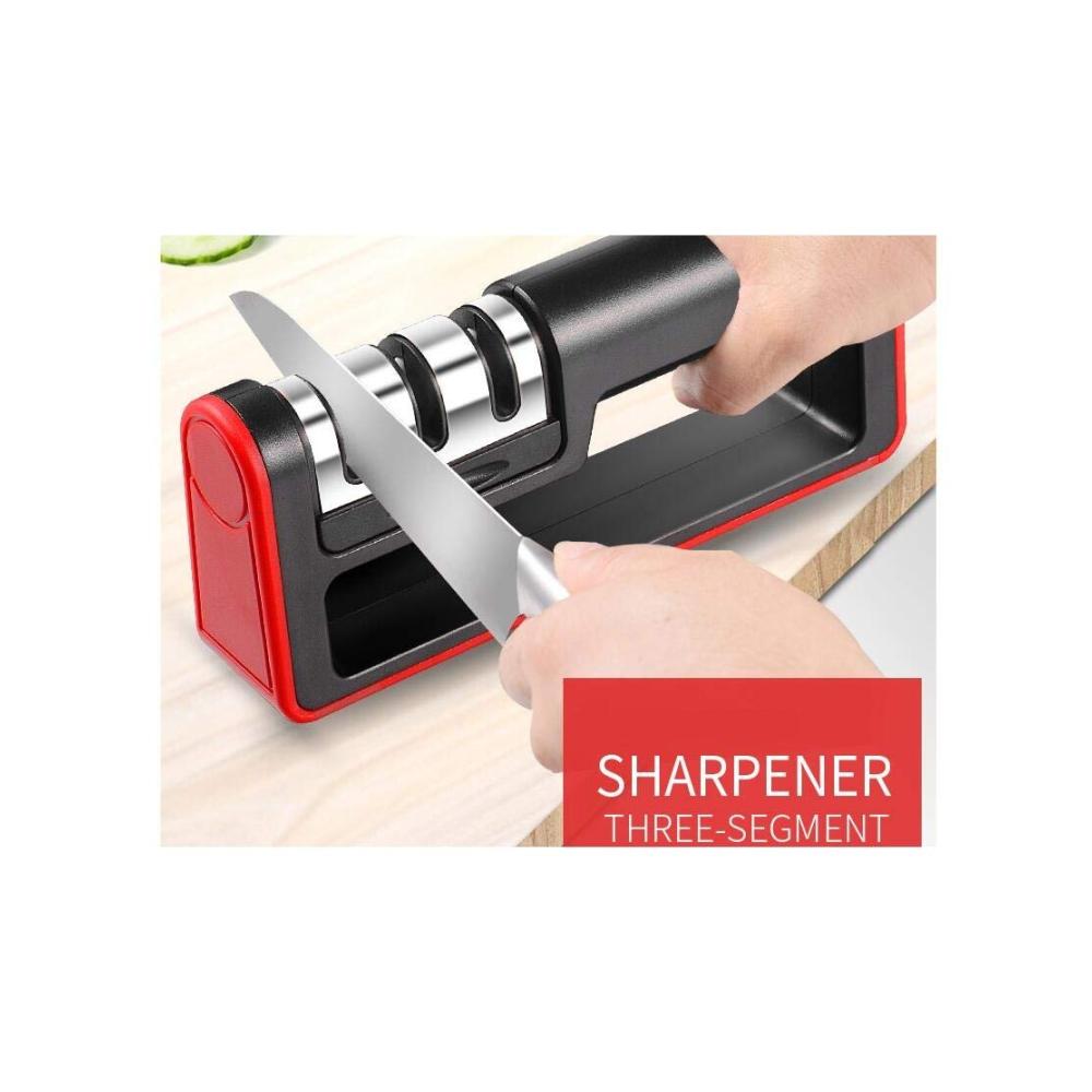 Erhalten Sie mühelos scharfe Küchenmesser! Profi Messerschärfer 3 Stufen - Manuelle Präzision für perfekte Schneidleistung. Innovatives Design rutschfeste Basis rot. Idealer Küchenhelfer
